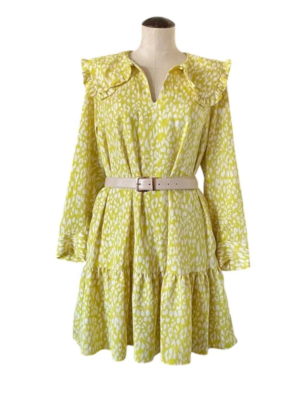 Bright Citrus Yellow Leopard Print Relaxed Fit Minidress w/ Peter Pan Collar - M